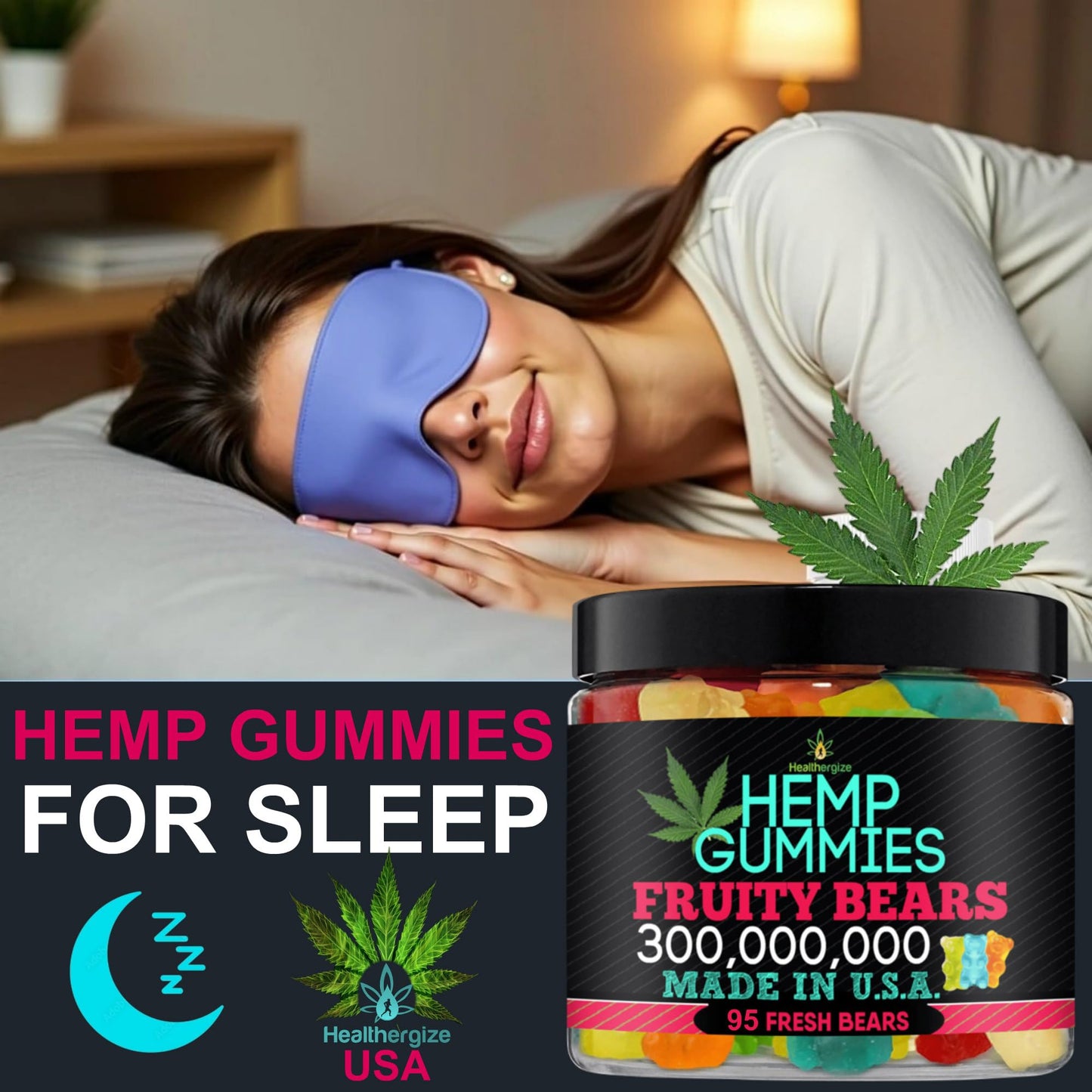 Hemp Gummies Edibles for Sleep Calm HempOil Infused -95 Fresh and Fruity Bears-Made in USA