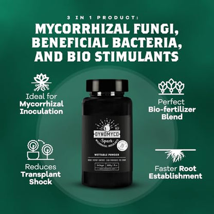 DYNOMYCO Spark WP Mycorrhizal Fungi, 4oz Wettable Powder – 3-In-1 Root Enhancer Amplifies Nutrient Uptake & Yield – Treats 25 Plants, Indoor/Outdoor Bio-Stimulant – Dissolves Fast in Seed Starter Soil