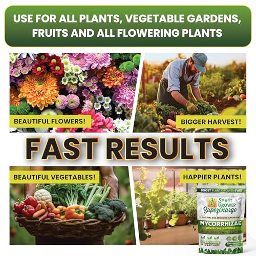 Mycorrhizal Fungi with Beneficial Bacteria, Trichoderma, Sea Kelp, Molasses, Yucca, Smart Grower Supercharge Plant Root Enhancer 2oz Super Concentrate Powder Makes 25 Gallons