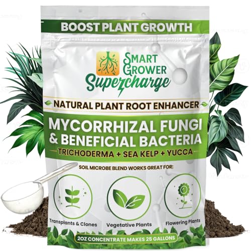 Mycorrhizal Fungi with Beneficial Bacteria, Trichoderma, Sea Kelp, Molasses, Yucca, Smart Grower Supercharge Plant Root Enhancer 2oz Super Concentrate Powder Makes 25 Gallons