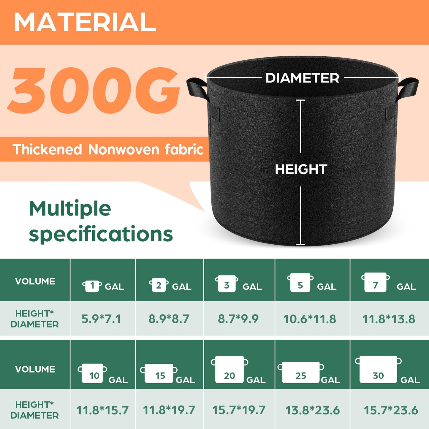 Jorvila 5 Pack 5 Gallon Thickened Grow Bags, Aeration Nonwoven Fabric Plant Pots with Durable Handles, Heavy Duty 300G Planter Pot for Tomato, Potato and Vegetable