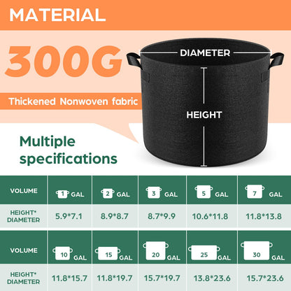 Jorvila 5 Pack 5 Gallon Thickened Grow Bags, Aeration Nonwoven Fabric Plant Pots with Durable Handles, Heavy Duty 300G Planter Pot for Tomato, Potato and Vegetable