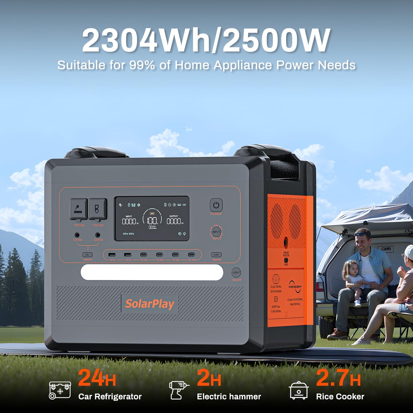 SolarPlay 2500W Portable Power Station, 2304Wh Large Capacity Solar Generator with 200W Solar Panel, BMS Emergency Power Station for Home Backup, Camping, Outdoor Battery Backup