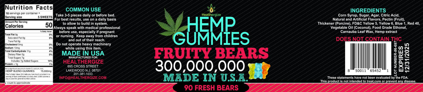 Hemp Gummies Edibles for Sleep Calm HempOil Infused -95 Fresh and Fruity Bears-Made in USA