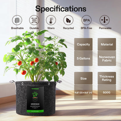 VIVOSUN 5-Pack 5 Gallon Grow Bags, 500G Thick Nonwoven Fabric Pots with Strap Handles, Multi-Purpose Rings, for Low Stress Plant Training Fruits, Vegetables, and Flowers