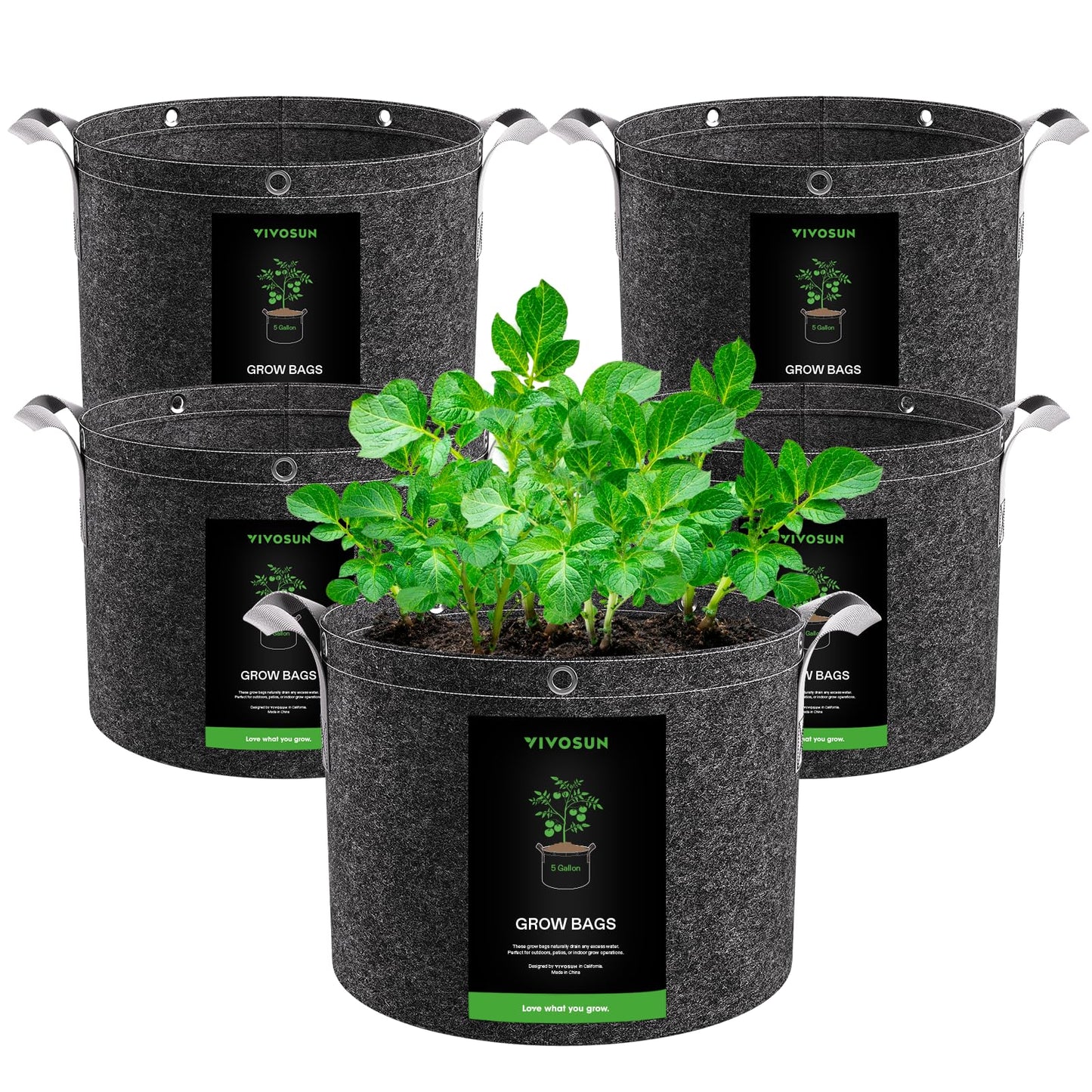 VIVOSUN 5-Pack 5 Gallon Grow Bags, 500G Thick Nonwoven Fabric Pots with Strap Handles, Multi-Purpose Rings, for Low Stress Plant Training Fruits, Vegetables, and Flowers