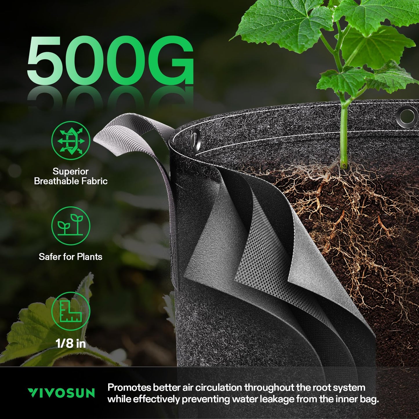 VIVOSUN 5-Pack 5 Gallon Grow Bags, 500G Thick Nonwoven Fabric Pots with Strap Handles, Multi-Purpose Rings, for Low Stress Plant Training Fruits, Vegetables, and Flowers