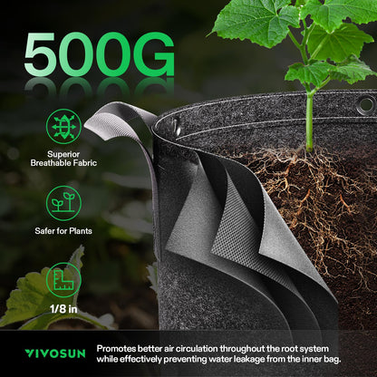 VIVOSUN 5-Pack 5 Gallon Grow Bags, 500G Thick Nonwoven Fabric Pots with Strap Handles, Multi-Purpose Rings, for Low Stress Plant Training Fruits, Vegetables, and Flowers