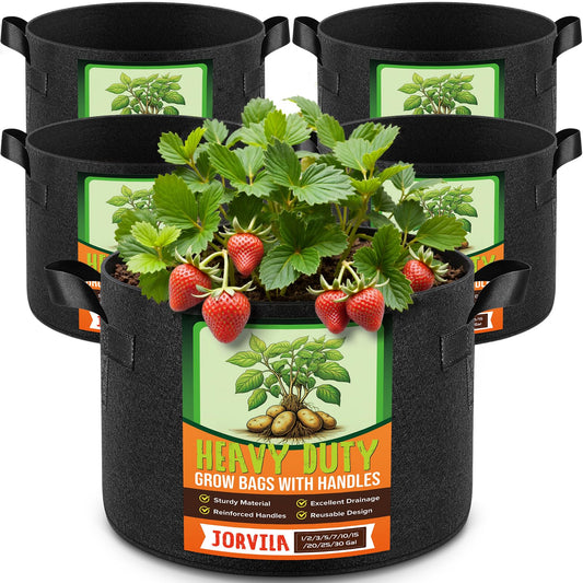 Jorvila 5 Pack 5 Gallon Thickened Grow Bags, Aeration Nonwoven Fabric Plant Pots with Durable Handles, Heavy Duty 300G Planter Pot for Tomato, Potato and Vegetable