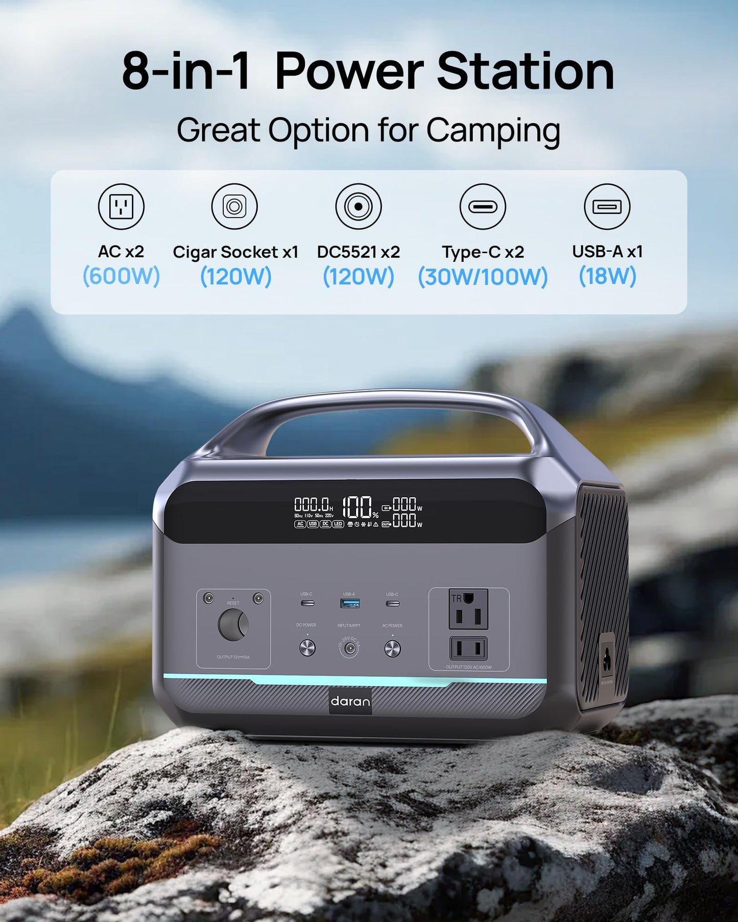 DaranEner Portable Power Station 600W with Solar Panel 80W, 288Wh LiFePO4 Battery Backup w/2 AC Outlets, 1.7H Fast Charging Solar Generator for Camping, RV Travel, Home Emergencies