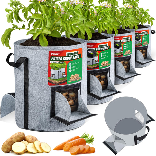 [Upgraded] 4Pcs 15-Gallon Potato Grow Bags with Unique Harvest Window, Visible Window, Garden Planting Bag with Reinforced Handle, Nonwoven Fabric Pots for Tomato, Potato Growing Container - Grey