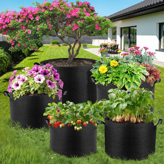 Jorvila 5 Pack 5 Gallon Thickened Grow Bags, Aeration Nonwoven Fabric Plant Pots with Durable Handles, Heavy Duty 300G Planter Pot for Tomato, Potato and Vegetable