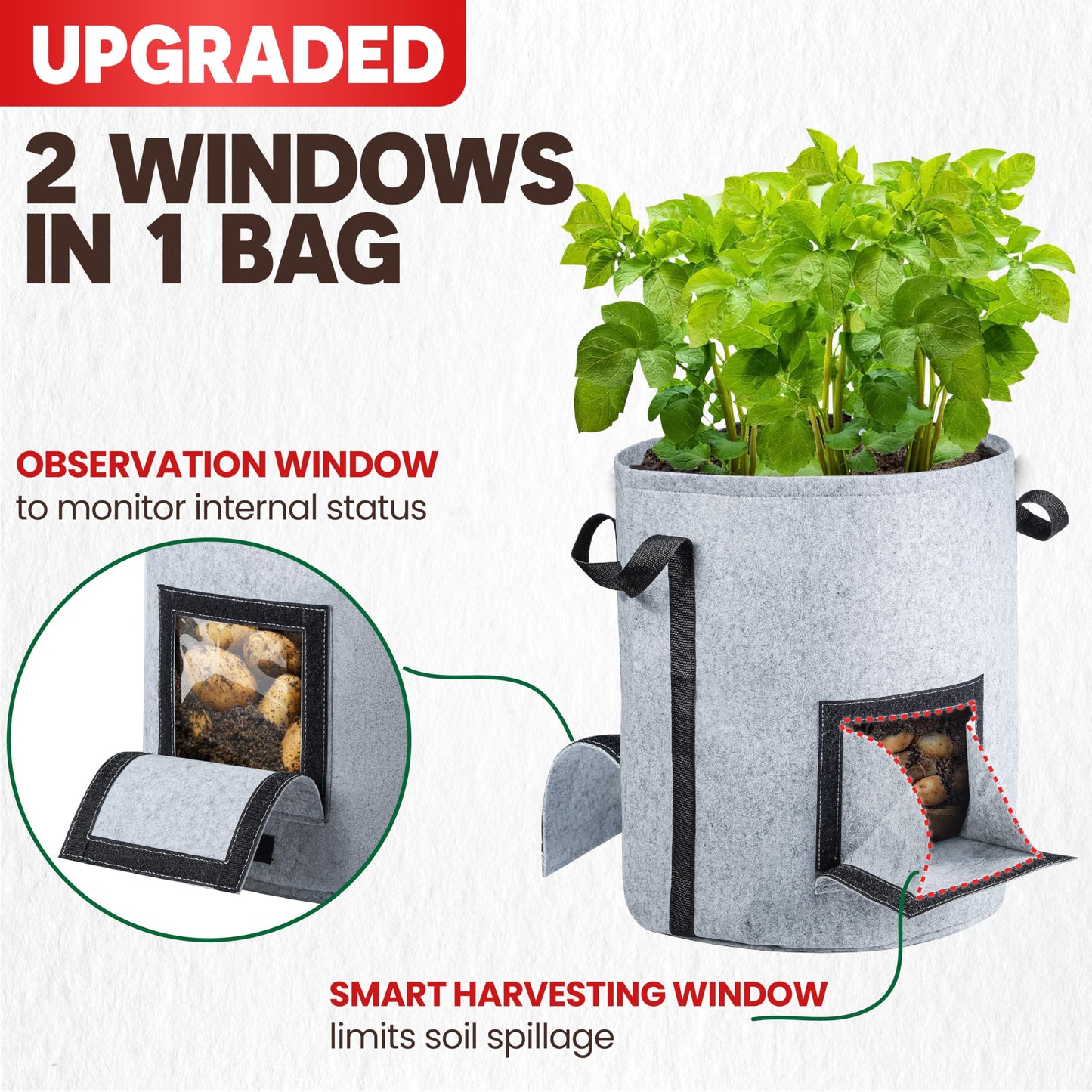 [Upgraded] 4Pcs 15-Gallon Potato Grow Bags with Unique Harvest Window, Visible Window, Garden Planting Bag with Reinforced Handle, Nonwoven Fabric Pots for Tomato, Potato Growing Container - Grey